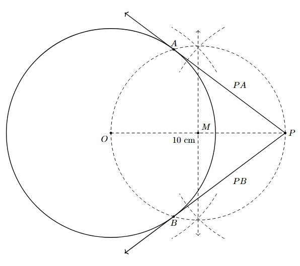 Step 5: The final construction showing the two tangents PA and PB from point P to the circle.